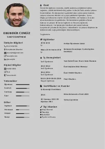 Sınıf Öğretmeni Cv Örnekleri cv indir